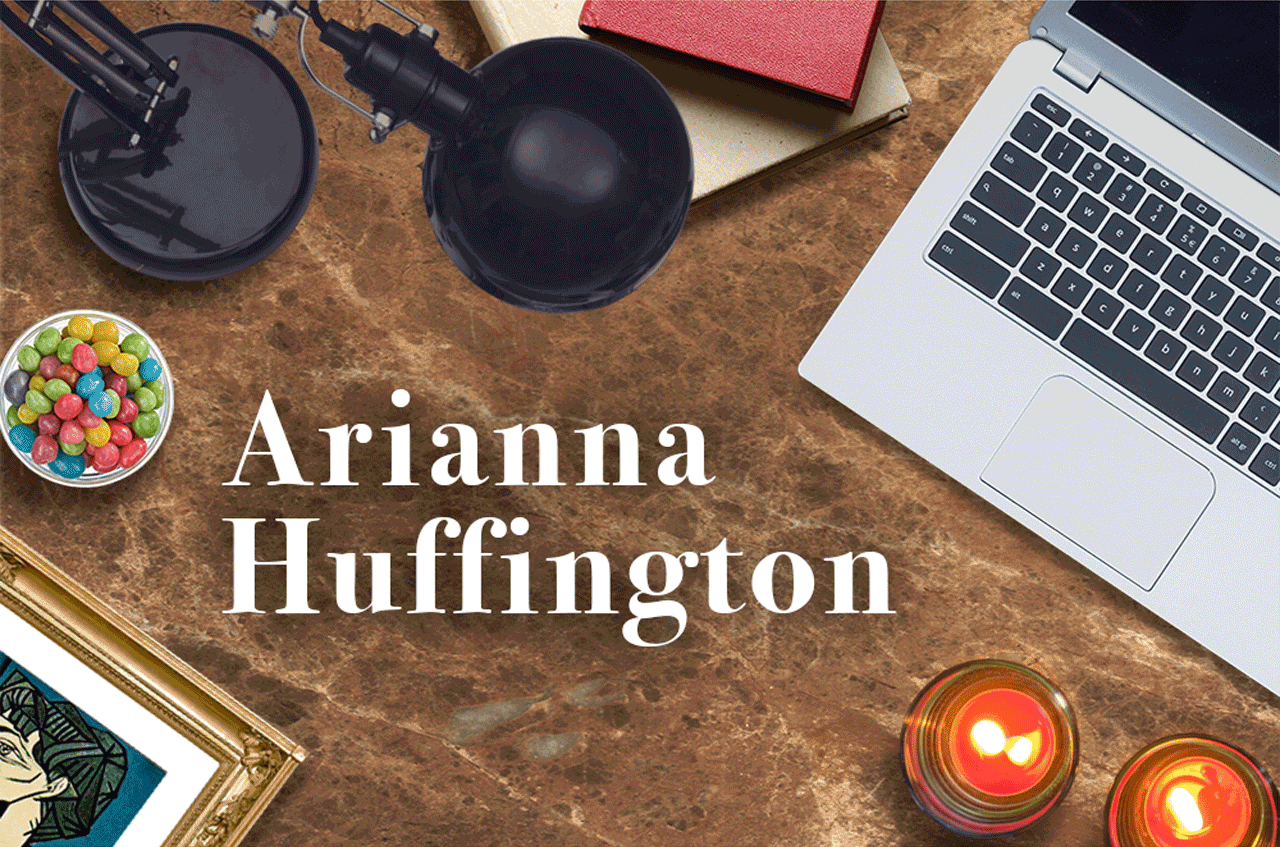 How Does Arianna Huffington Stay Focused and Productive? Her Habits Tell it All Arianna Huffington's desk with animated candle, colored candies and laptop