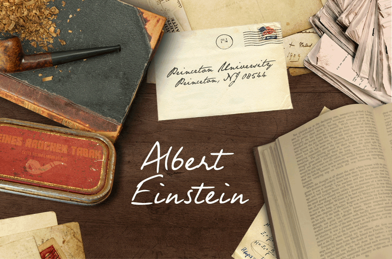 Get Inside the Minds and Behind the Desks of the World's Rich and Genius Albert Einstein's desk with animated book, Princeton-addressed envelope and tobacco pipe