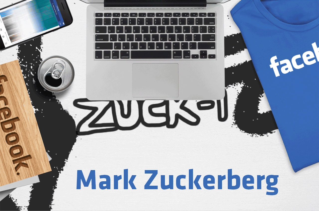 Rich & Genius Motion Graphic: Learn from the World’s Most Productive People Mark Zuckerberg's desk with animated mobile Facebook feed, laptop, can and Facebook shirt