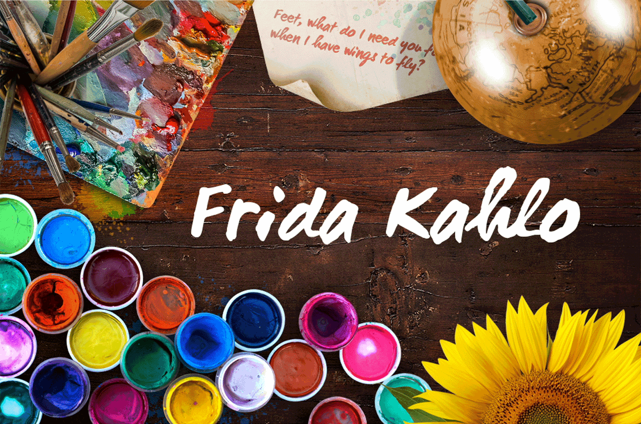 What Was the Secret to Frida Kahlo’s Creativity? Look No Further than Her Desk Frida Kahlo's desk with spinning globe, colored paints, paintbrushes and sunflower