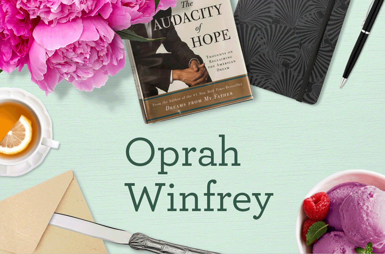 Desks in Motion: What the World’s Rich and Genius Do to Stay Productive Oprah Winfrey's desk with animated teacup with lemon, journal, pen and The Audacity of Hope book