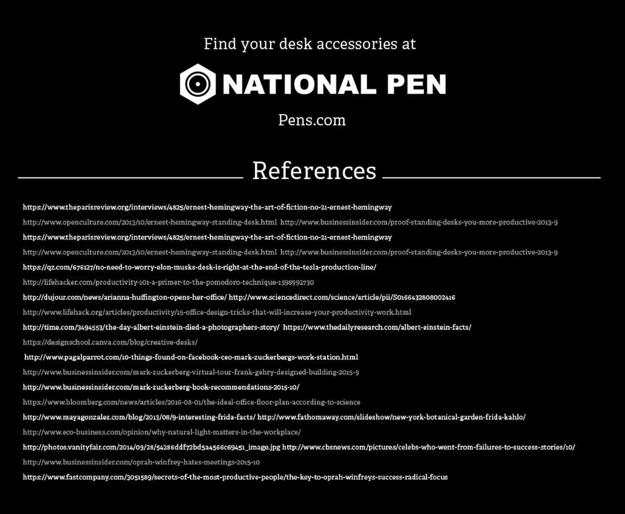 Desks of the Rich & Genius: A Motion Graphic to Transform Your Work Habit Infographic footer with National Pen logo and list of resources