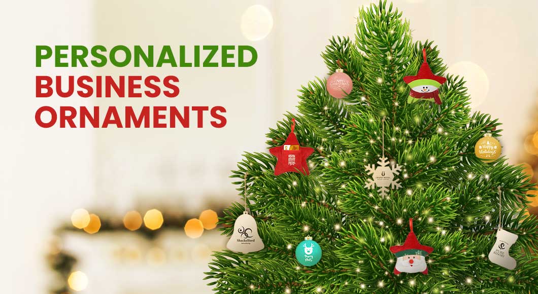 Personalized business ornaments on a Christmas tree