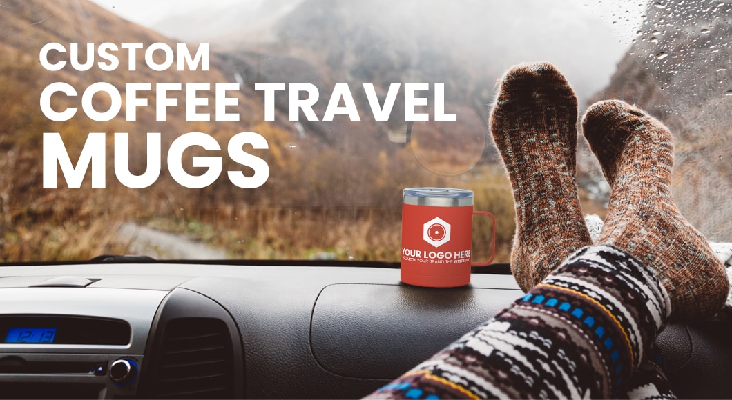 Custom Coffee Travel Mug on Car Dashboard in Wilderness With Passenger Feet on Dashboard