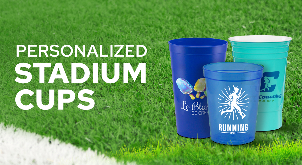 Customized stadium cups with logos on grass