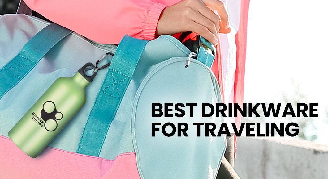 Traveler with duffle bag and customized water bottle drinkware with carabiner for traveling