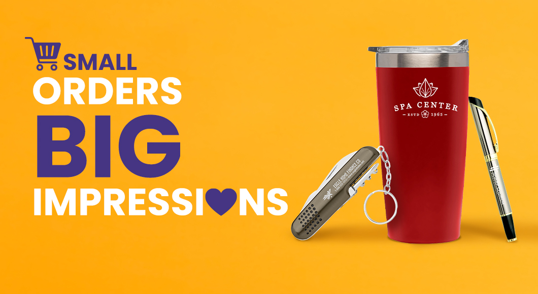 Personalized products with low minimum order quantities including pen, tumbler, and pocket knife