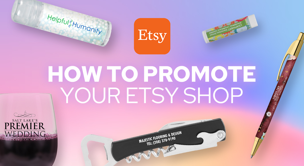 Customized giveaway items for promoting your Etsy shop including pens, bottle openers, mints, and more