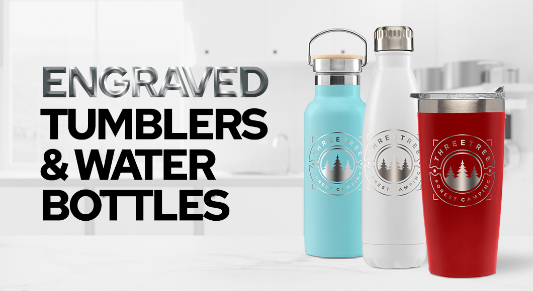 Engraved Tumblers & Water Bottles with Logos, on Kitchen or Office Counter