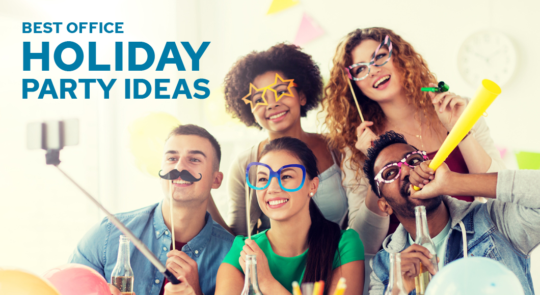 Employees celebrating holidays with best holiday party ideas for in-person and virtual parties including fun masks and noise makers