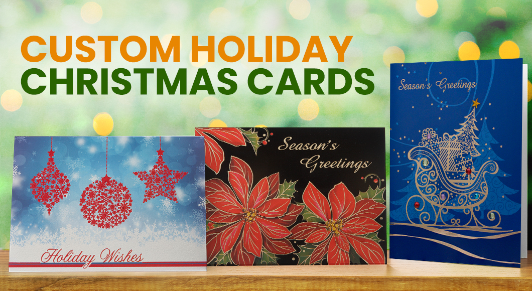 Custom Holiday Christmas Cards with Ornaments, Poinsettias, and a Sleigh with Gifts and Christmas Tree.