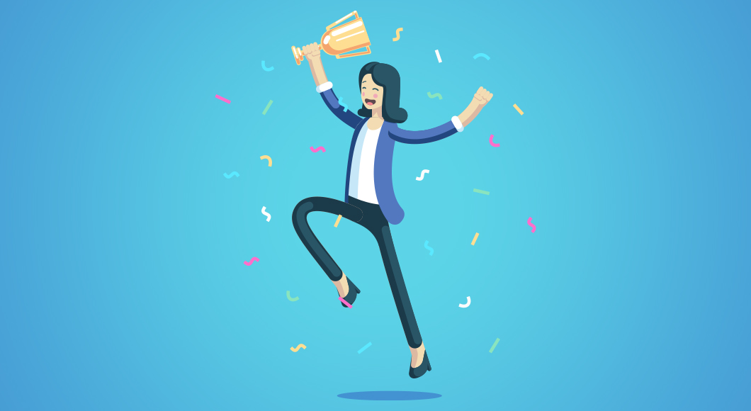 Graphic design of female employee or team member holding trophy or employee award and jumping for joy.
