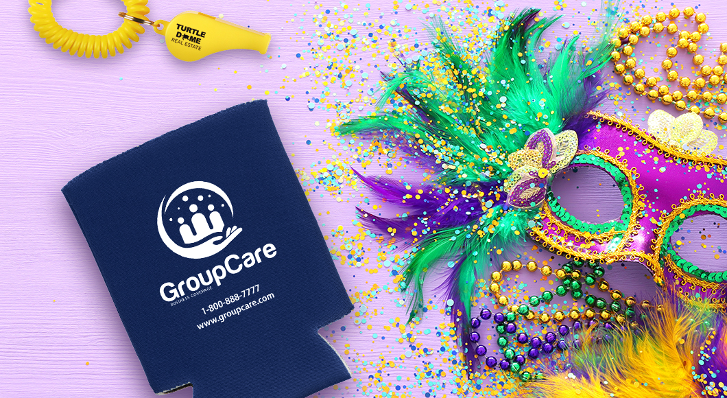 Purple, green, and gold promotional products to celebrate Mardi Gras including a customized can cooler, personalized whistle, mask, and beads.