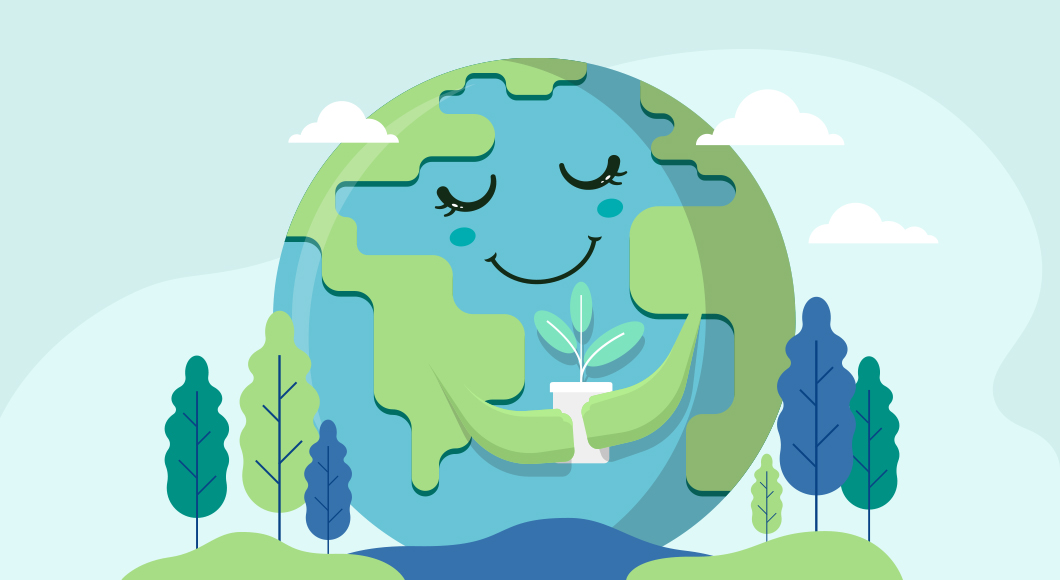 smiling peaceful earth graphic with mother earth holding potted plant and surrounded by trees and mountains in honor of earth day ideas for work 