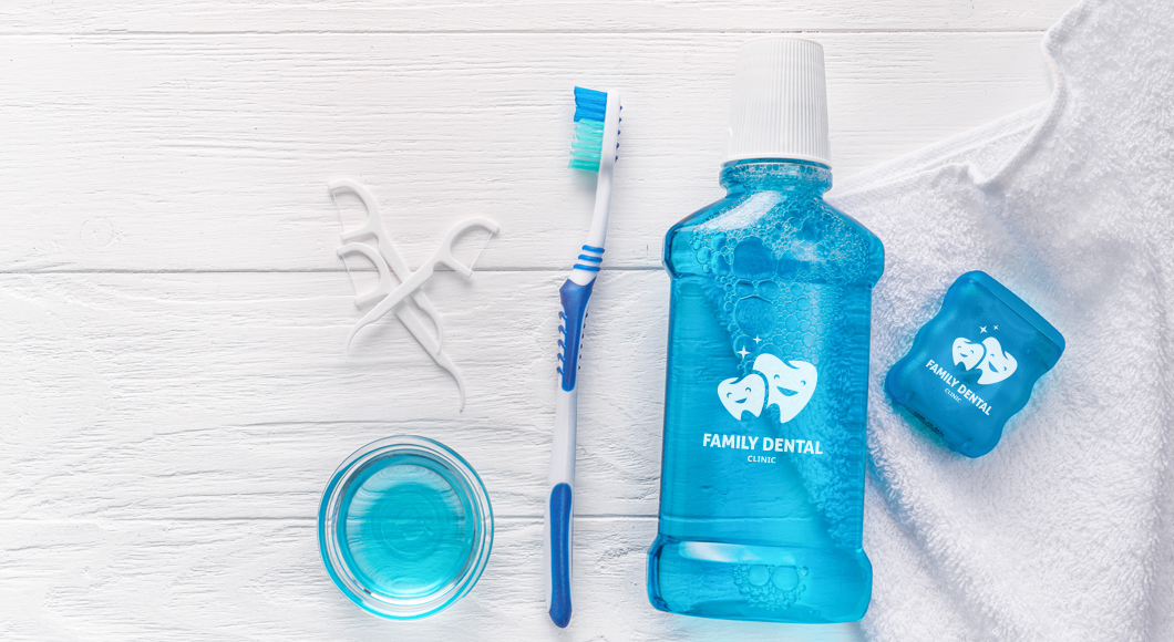 Products that support Oral Health Month in June including toothbrush, floss, and dental rinse customized with logo of oral care provider.