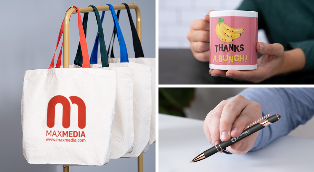 trends in promotional products including natural trend like cotton tote bag, work from home trend like ceramic mug, connect with customers and employees with custom pen.