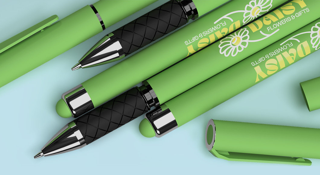 Bright promotional stylus pen with green color-matched barrel and stylus on light blue background