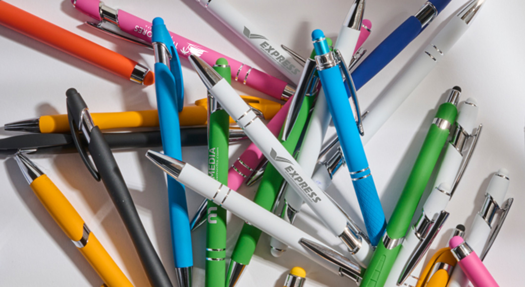 bright, summery colored metal ballpoint click-action pens with soft touch finish
