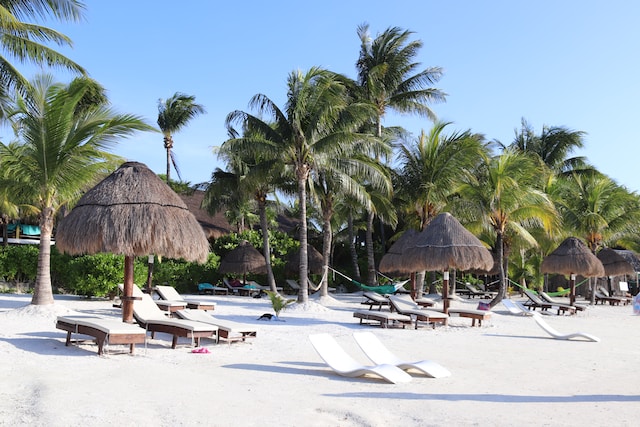 Beach resort with umbrellas and lounge chairs in support of tips for managing seasonal business on season and off-peak.