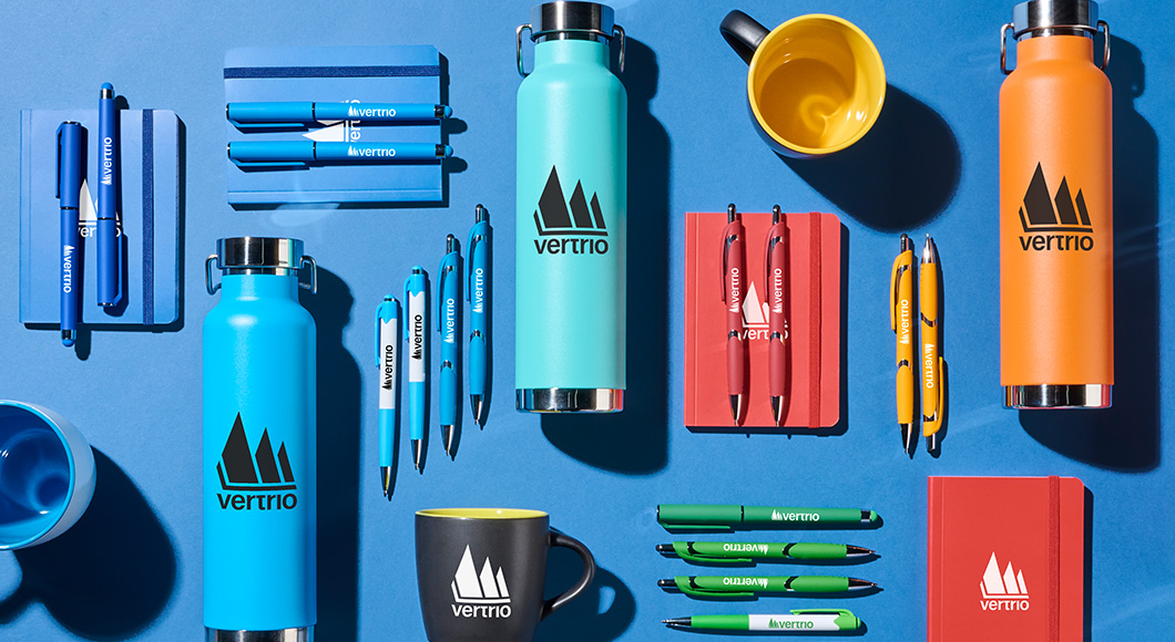 assorted colorful promotional products with custom brand logos
