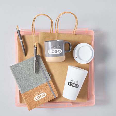 Promotional swag kit that works well for hospitality, restaurants, boutiques, and bars​ and includes custom notebook, mug, pen, and more.