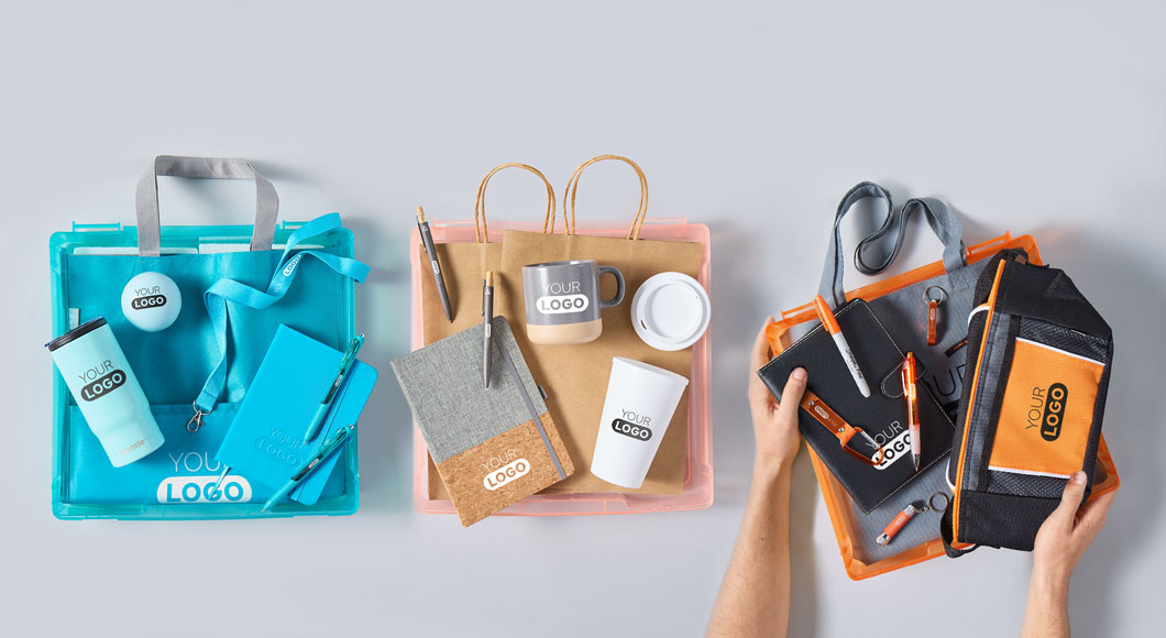 Custom swag kits for employees and customers that are designed for industries such as hospitality, construction, finance, and more, including custom stress balls, tumblers, mugs, notebooks, pens, fanny packs, totes, and more.