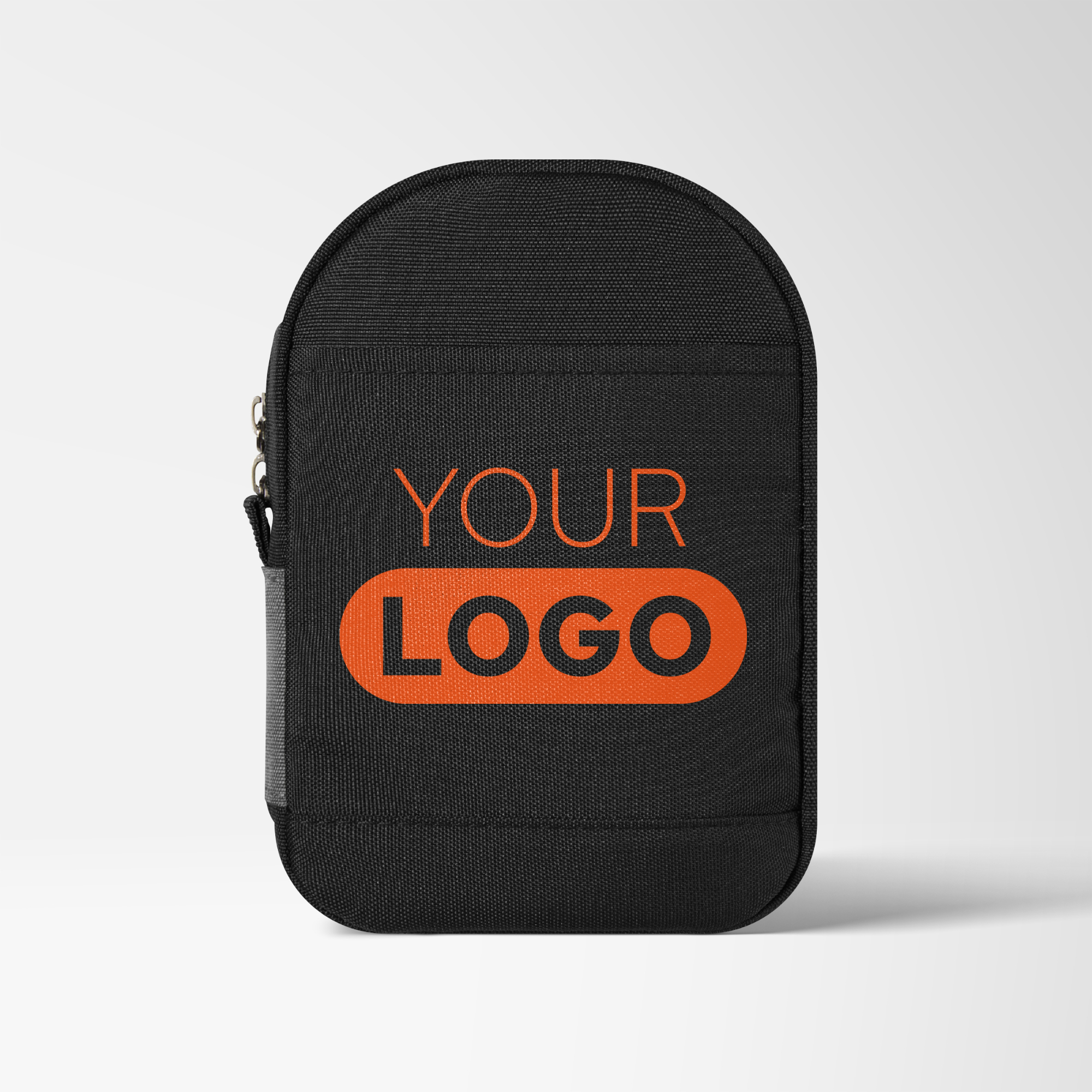 Branded black gadget organizer case with orange logo.