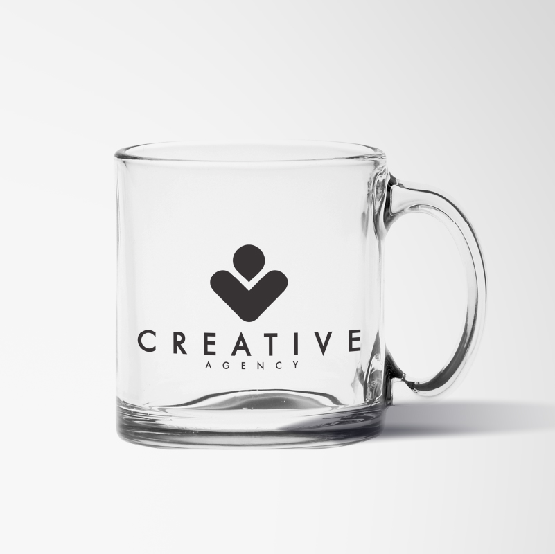 Glass promotional mug with black custom logo