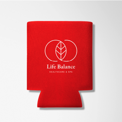 Red promotional can cooler / koozie made of neoprene material and printed with white logo