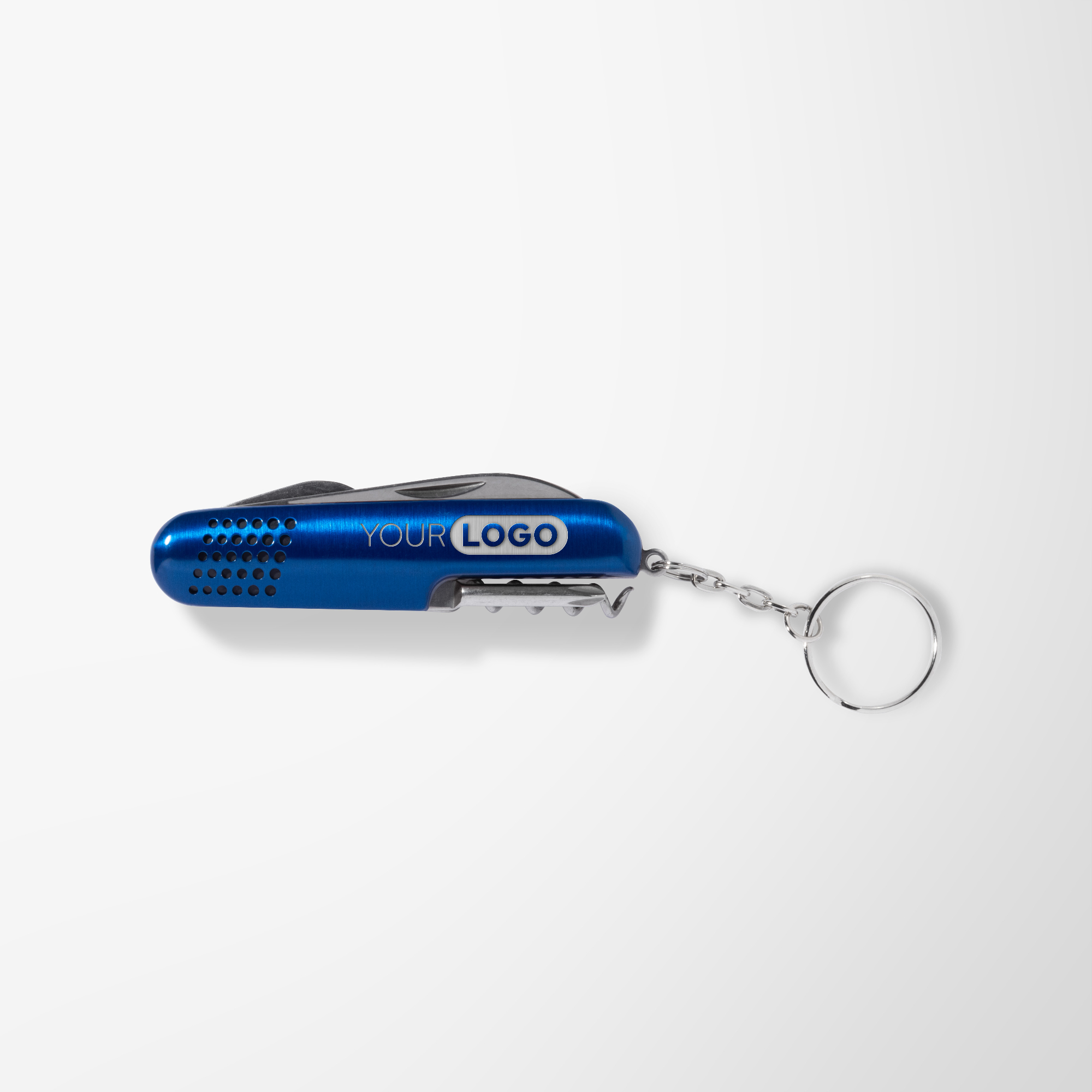 Metallic blue branded multi tool keychain.