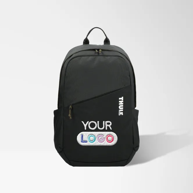 The promotional black laptop backpack displayed with a custom logo imprint.