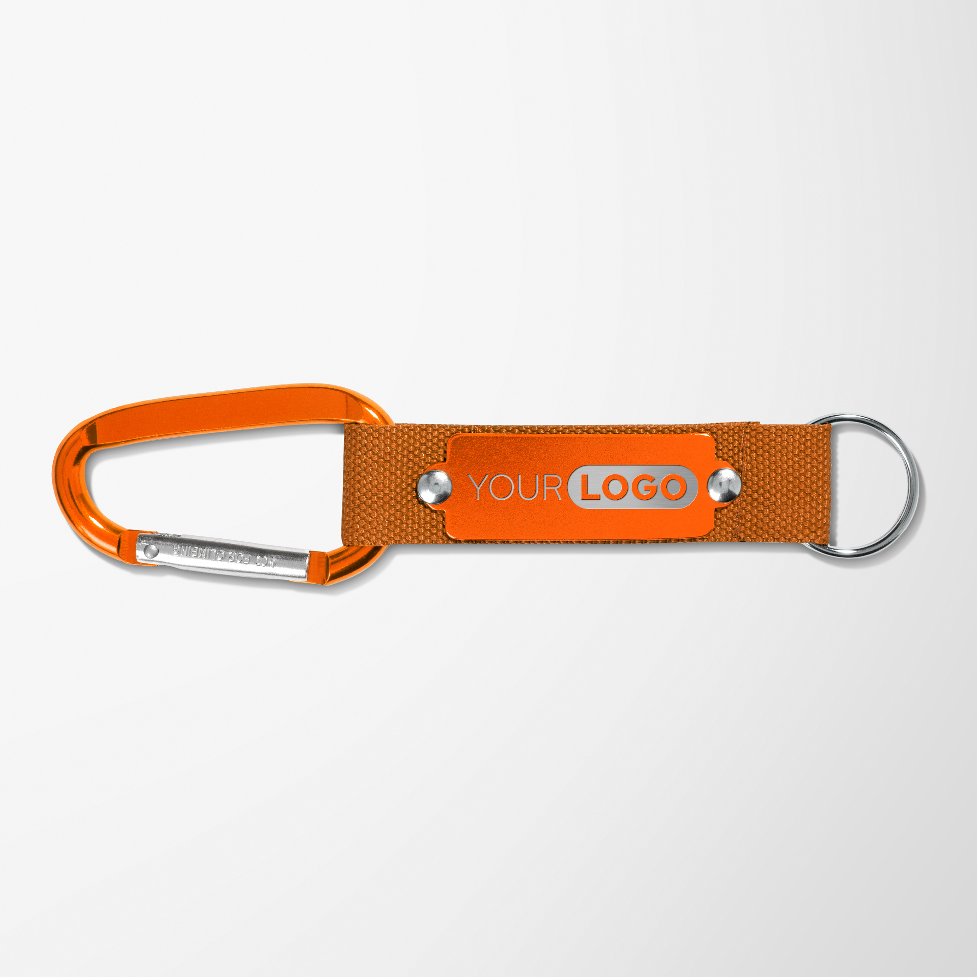 Orange branded carabiner keychain.