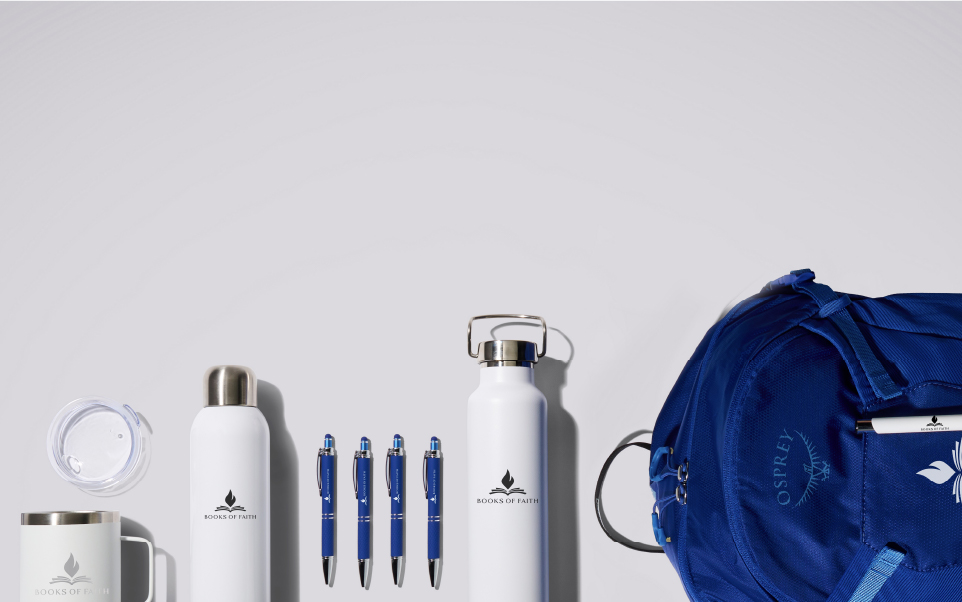 Religious Gifts and Church Giveaways available for customzation. White metal mugs, water bottles and blue pens and backpacks are displayed against a white background.