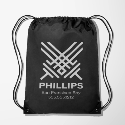 Black promotional drawstring bag with large white print