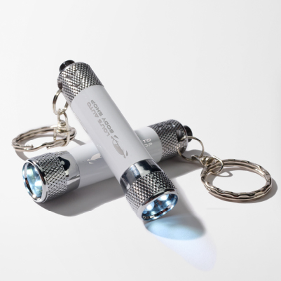 Zwei Metall-Schlüsselanhänger-Taschenlampen mit Firmenlogo auf dem Display