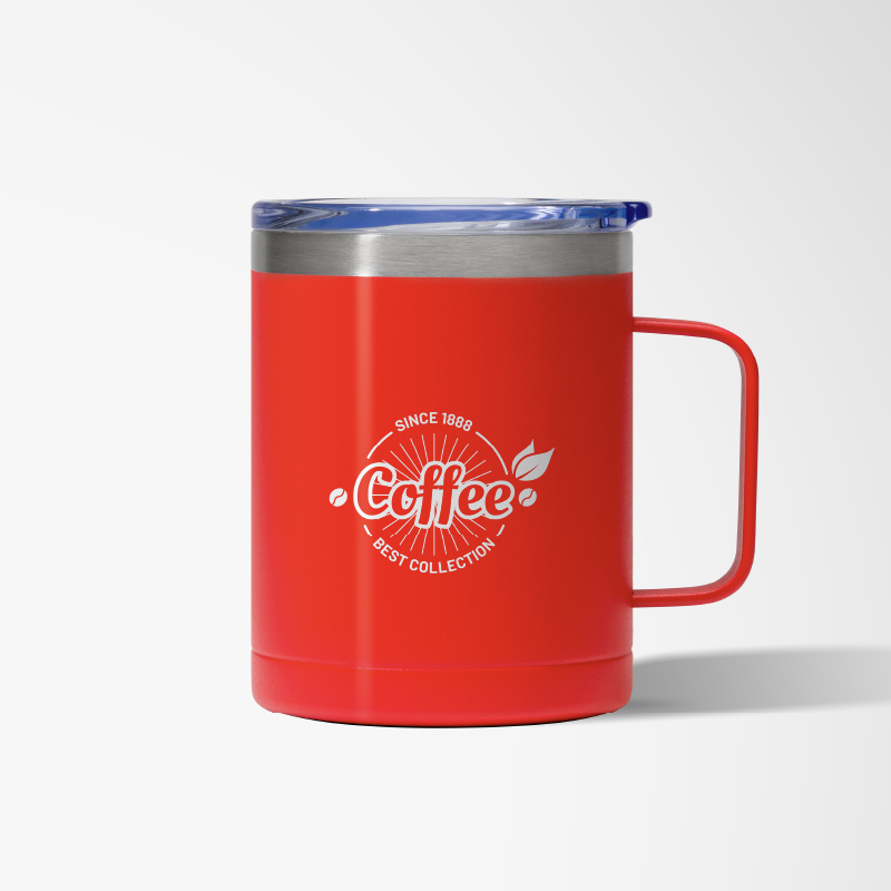Red custom stainless steel mug imprinted with a white logo