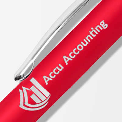 Red pen engraved with logo for accounting firm