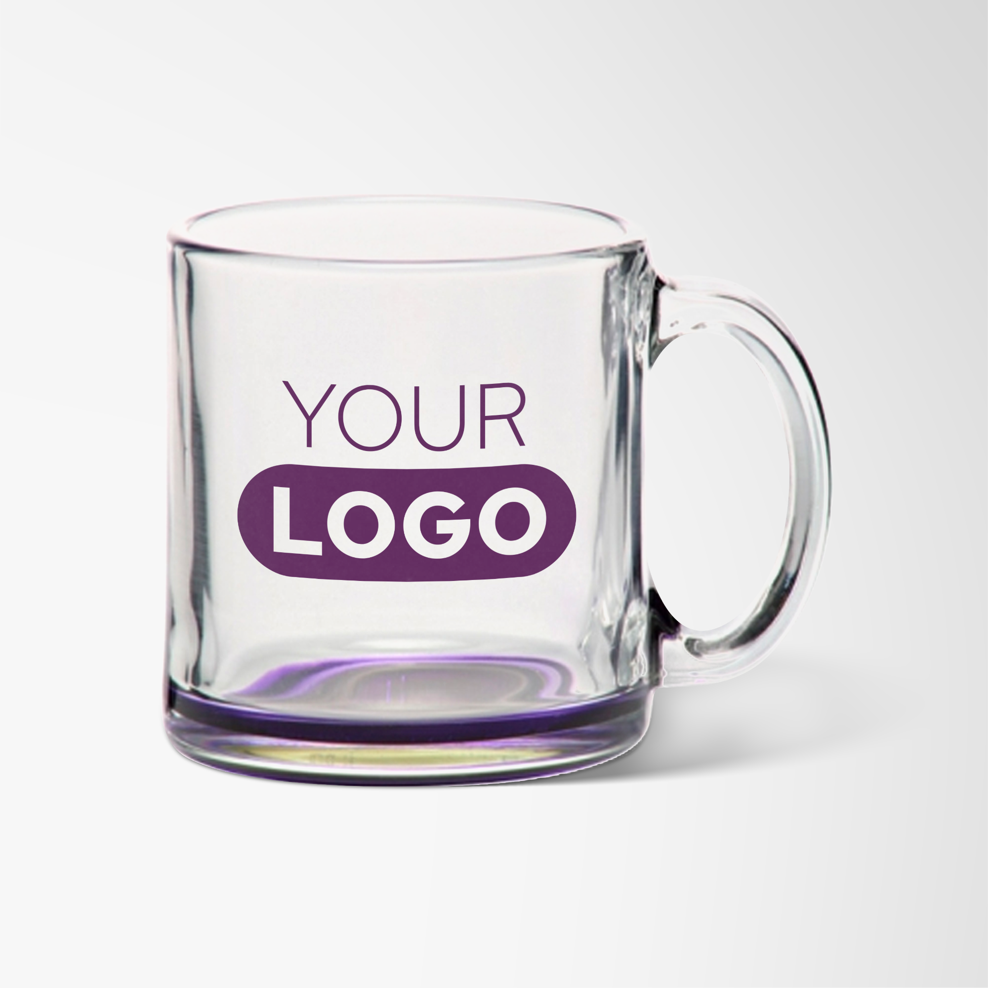 Glass coffee mug with purple base and logo