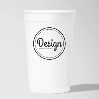Thumbnail of a tall white promotional plastic cup  with a black logo imprint on display.