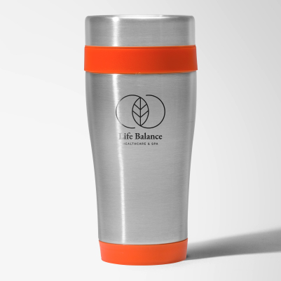Stainles steel travel mug with company logo printed
