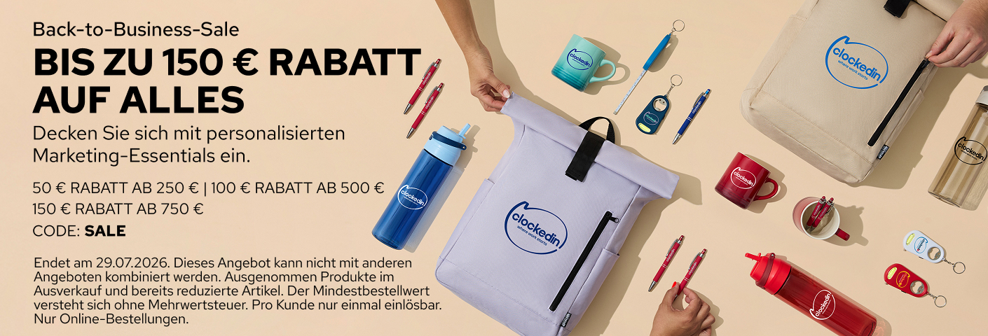 Sichern Sie sich bis zu 150 € Rabatt auf Werbeartikel.