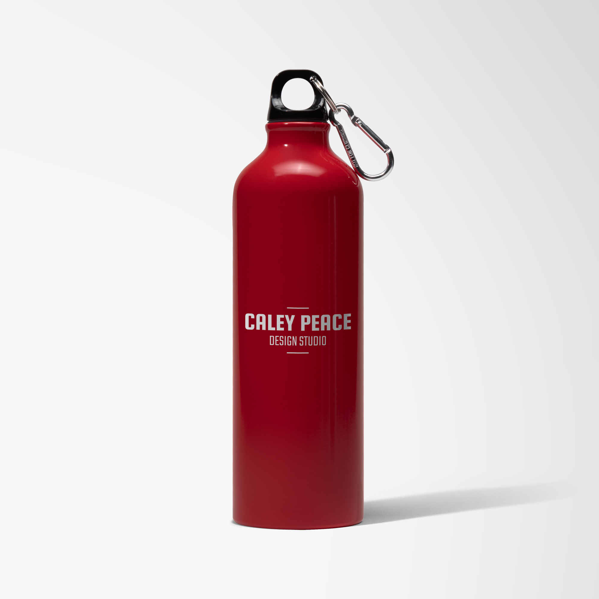 Red branded water bottle with black lid and carabiner.