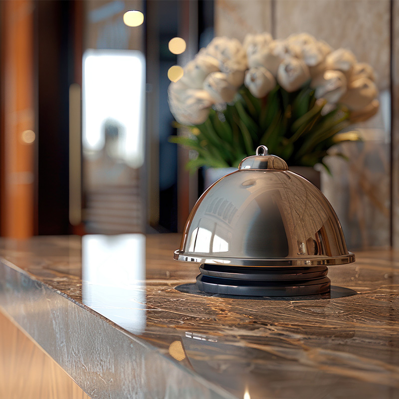 A bell and flowers on a hotel reception desk