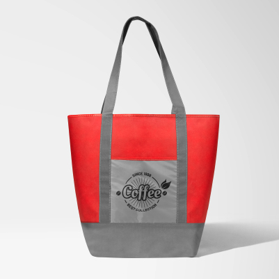Red promotional tote bag and silver handles on display with promotional logo.