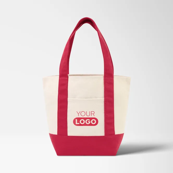 Mini tote bag with red accent and promotional logo.