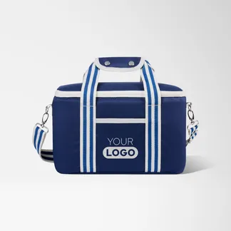 Blue promotional cooler bag with large white logo
