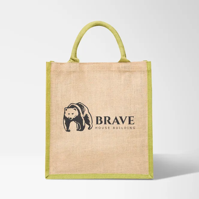 Jute tote bag with a light yellow trim and personalized imprinted logo.