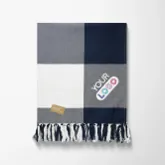 Navy blue checkered throw blanket with full color logo