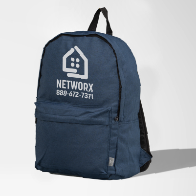 Thumbnail of dark blue branded backpack with white logo print.