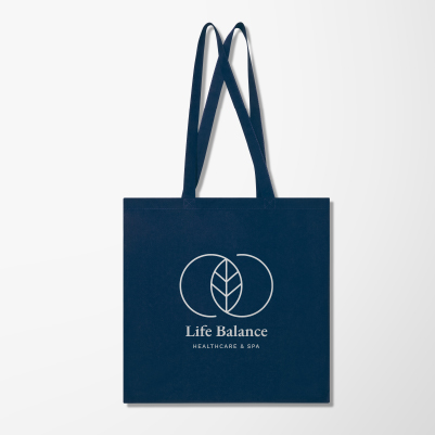 Blue promotional tote bag with company logo